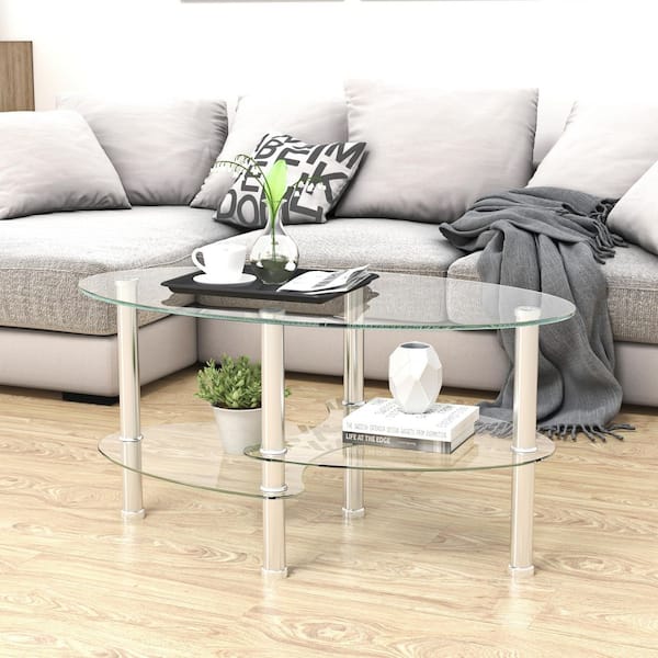 Seafuloy 35.43 in. Modern Clear Oval Tempered Glass Coffee Table with 3-Tier Design & Stainless Steel Legs for Living Room