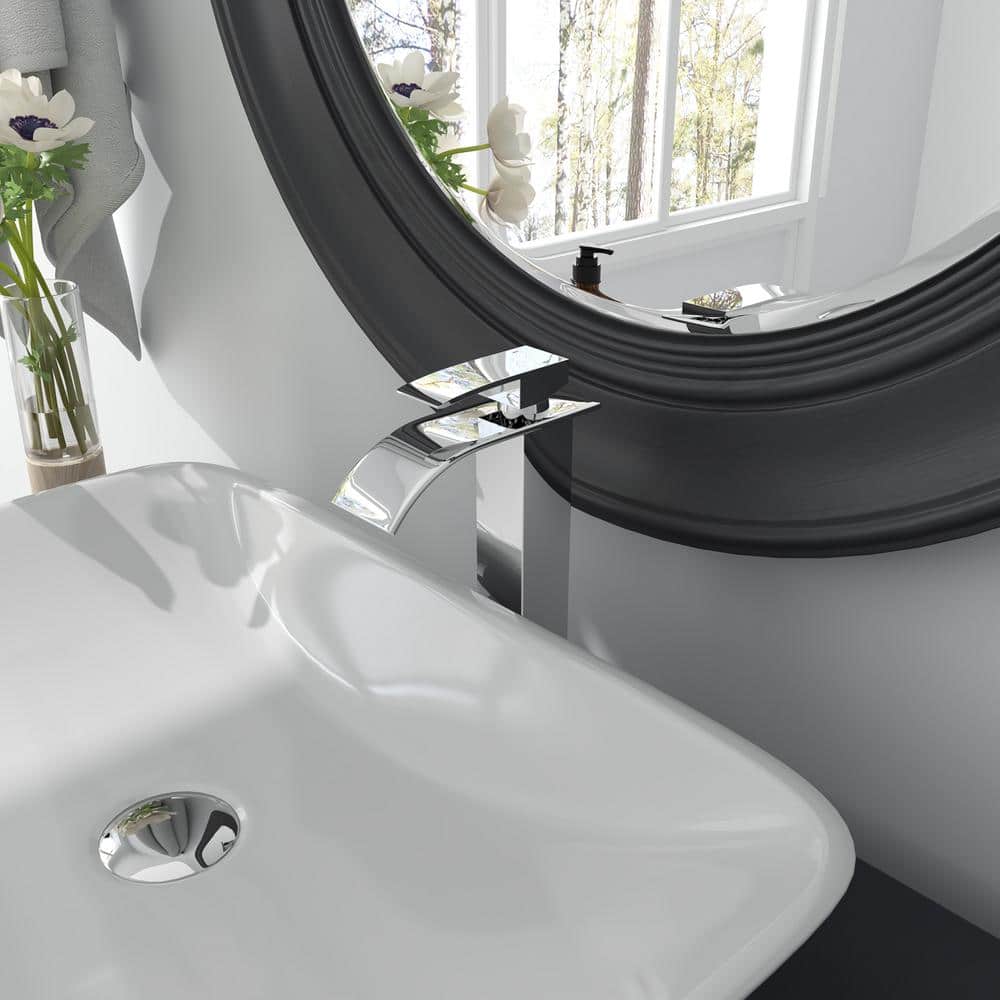Polished Chrome Waterfall Vessel Sink Faucet with Lever Handle