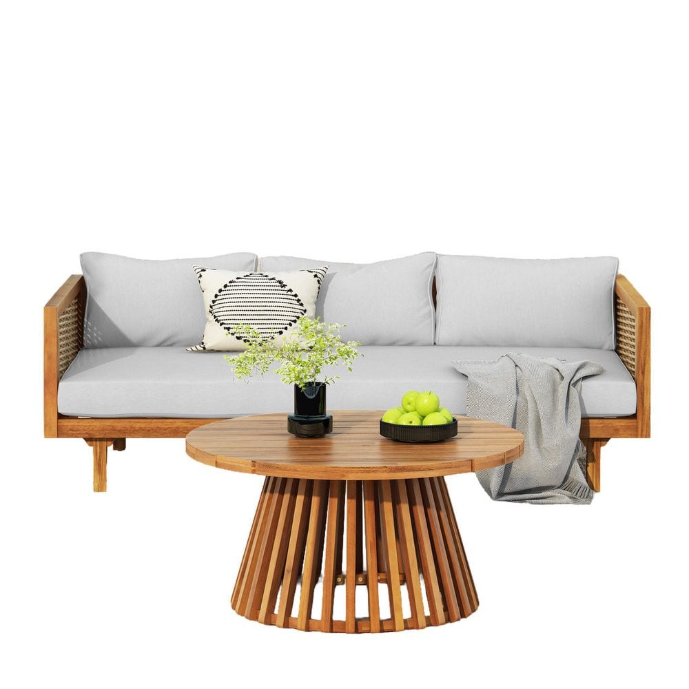 Teak Acacia Wood Patio Furniture Set with Light Gray Cushions and Round Coffee Table price history on PriceWatchPro