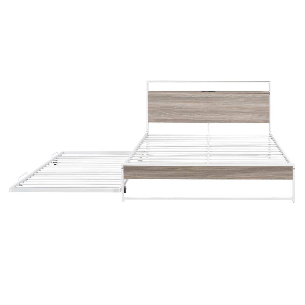Black Metal Frame Queen Size Platform Bed with Twin Size Trundle, USB Charging Station, Storage Shelves - thumbnail 4