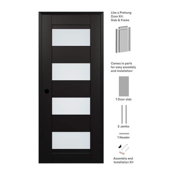 Della DIY-Friendly 30 in. x 80 in. Right-Hand 4-Lite Frosted Glass Black Matte Composite Single Prehung Interior Door
