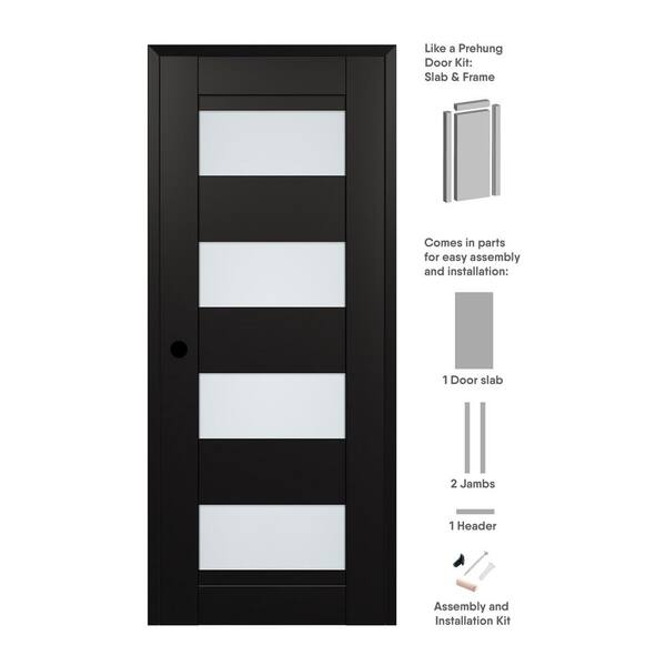 Belldinni Della DIY-Friendly 30 in. x 84 in. Right-Hand 4-Lite Frosted Glass Black Matte Composite Single Prehung Interior Door