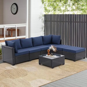 7-Piece Black Wicker Patio Conversation Set with Blue Removable Cushions, Ottomans, Glass Top Table