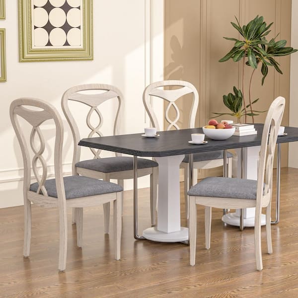 (Set of 6) Upholstered Dining Chairs, Gray Solid Wood Frame Kitchen Chairs with Twisted Ribbon Backrest, Padded Seat