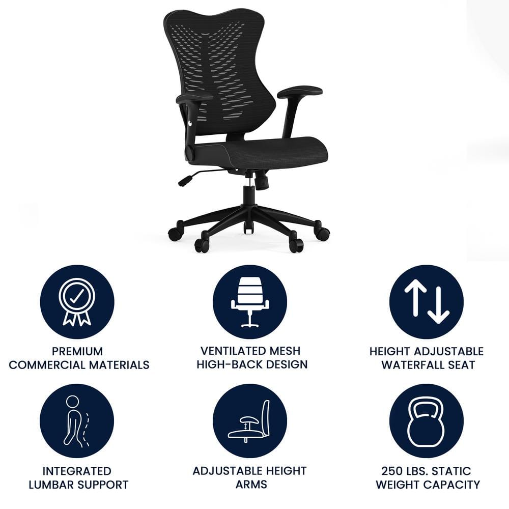 Contemporary High-Back Black Mesh & Leather Executive Office Chair with Adjustable Arms