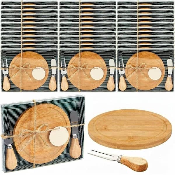 Mini Round Bamboo Charcuterie Board with Knife and Fork, 36-Set Party Favor Kit with Gift Boxes and Thank You Cards