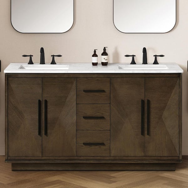 Hale 60 in. Double Sink Freestanding Aged Oak Bath Vanity with Engineered Marble Top