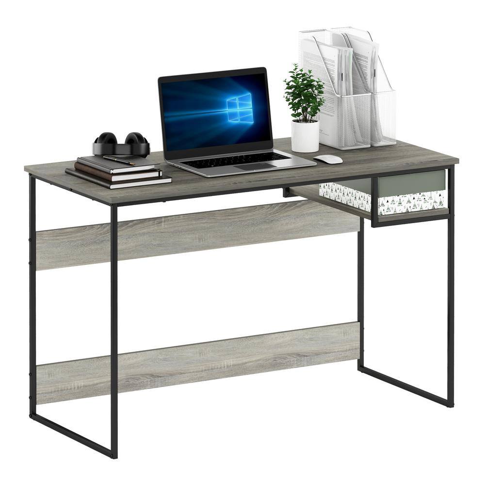 Modern French Oak Grey Study Desk with Metal Frame and Shelf