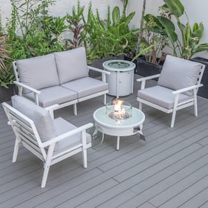 Walbrooke White 5-Piece Aluminum Round Patio Fire Pit Set with Light Grey Cushions and Tank Holder