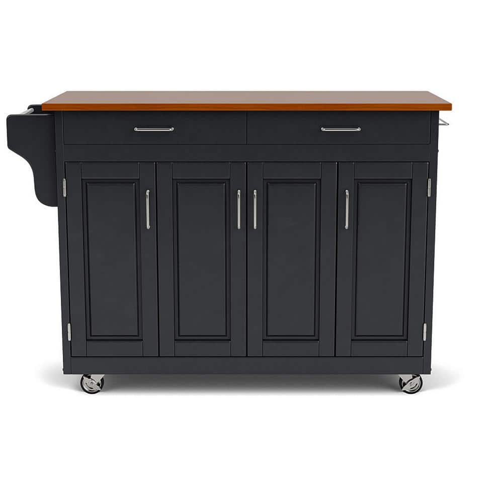 Black Wood Kitchen Cart with Oak Top and Storage