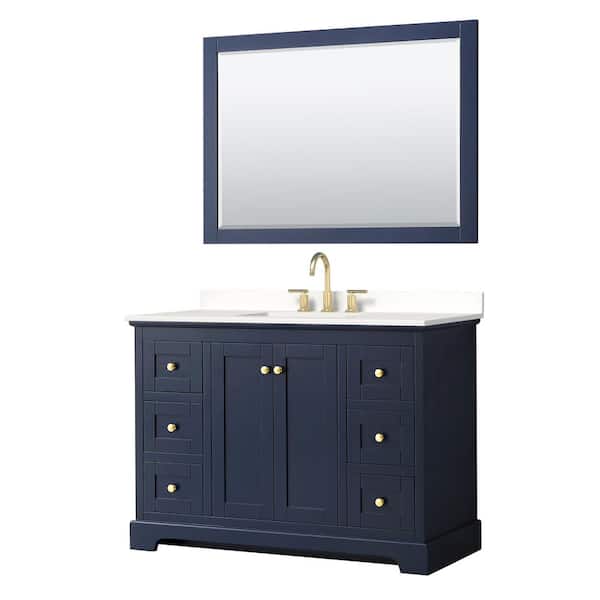 Wyndham Collection Avery 48 in. W x 22 in. D x 35 in. H Single Bath Vanity in Dark Blue with White Quartz Top and 46 in. Mirror