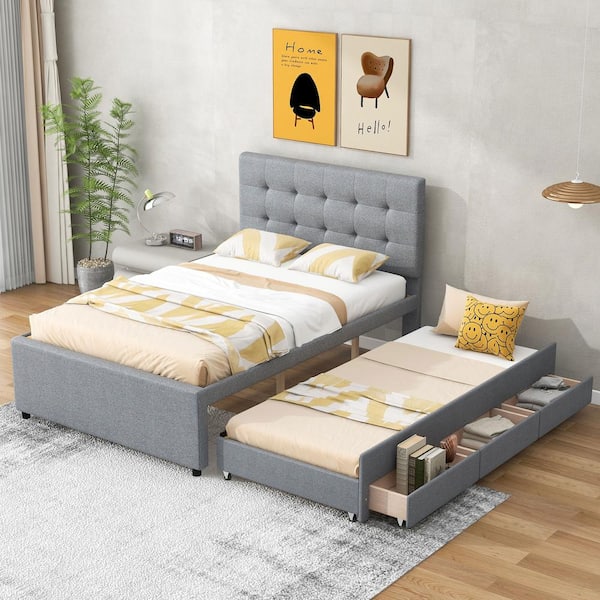 Polibi Gray Wood Frame Full Size Platform Bed with Pull-out Twin Size Trundle and 3-Drawers