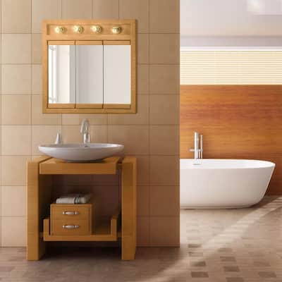 Richland 30 in. x 30 in. x 5 in. Surface-Mount 4-Light Tri-View Bathroom Medicine Cabinet in Nutmeg Oak