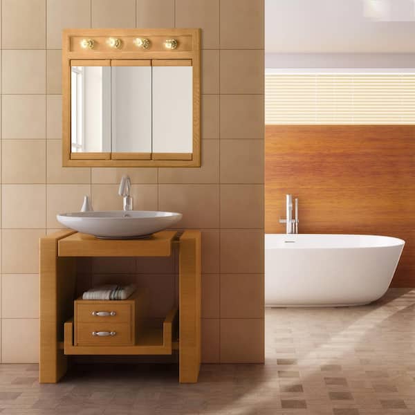Richland 30 in. x 30 in. x 5 in. Surface-Mount 4-Light Tri-View Bathroom Medicine Cabinet in Nutmeg Oak