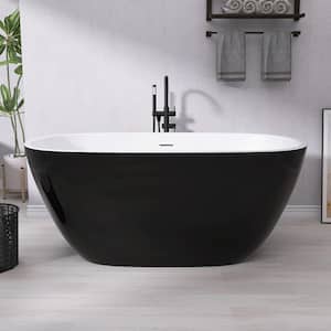 55 in. x 29.5 in. Acrylic Free Standing Soaking Flat Bottom Bath Tub Freestanding Bathtub with Center Drain in Black