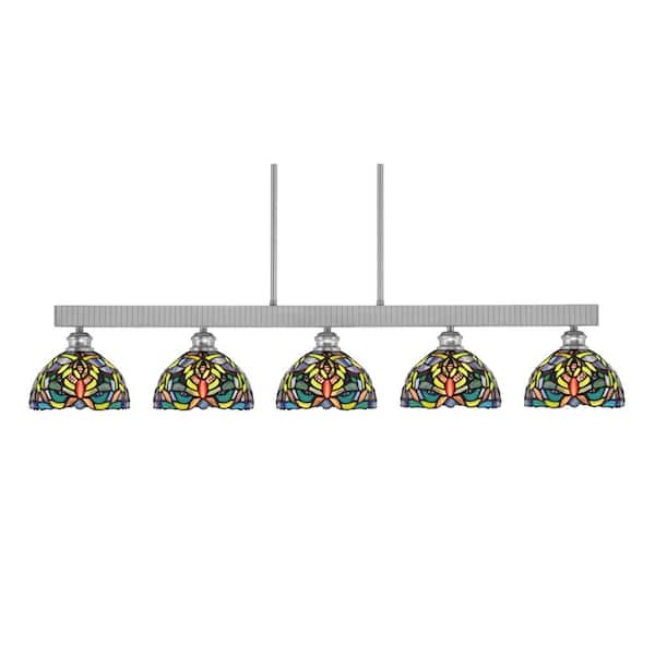 Unbranded Albany 60-Watt 5-Light Brushed Nickel Linear Pendant Light with Kaleidoscope Art Glass Shades and No Bulbs Included