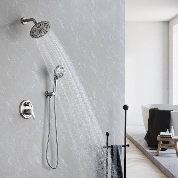 6-Spray 8 in. Round Wall Mount Dual Fixed and Handheld Shower Head with 9-Spray Hand Shower in Brushed Nickel