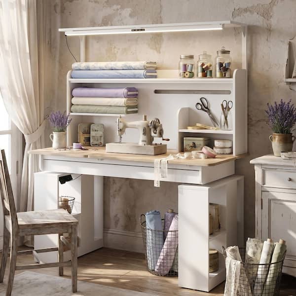 FUFU&GAGA 55.1 in. Rectangular White Wood Desk with Adjustable
