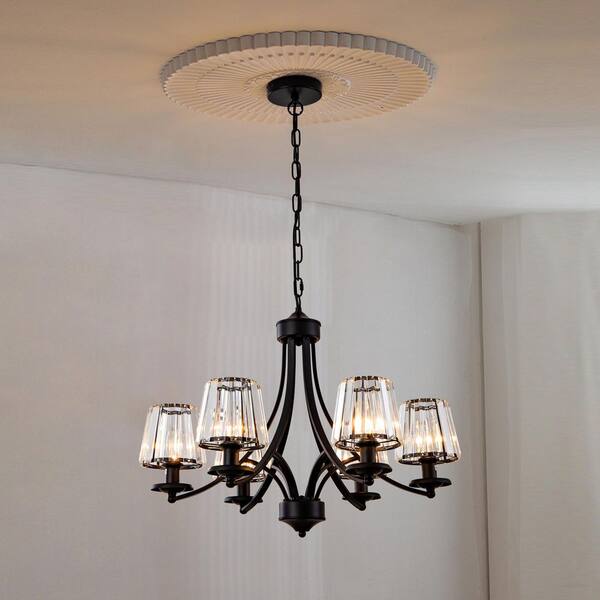 Modern Vintage 6-Light Black Iron Crystal Accent Swirled Arm Chandelier for Home & Commercial Spaces, Bulbs not included