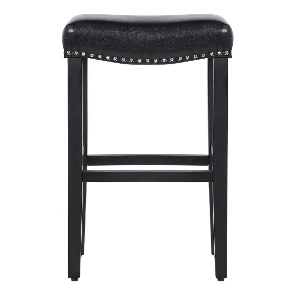 29" Black Leather Upholstered Saddle Bar Stool with Chrome Accents