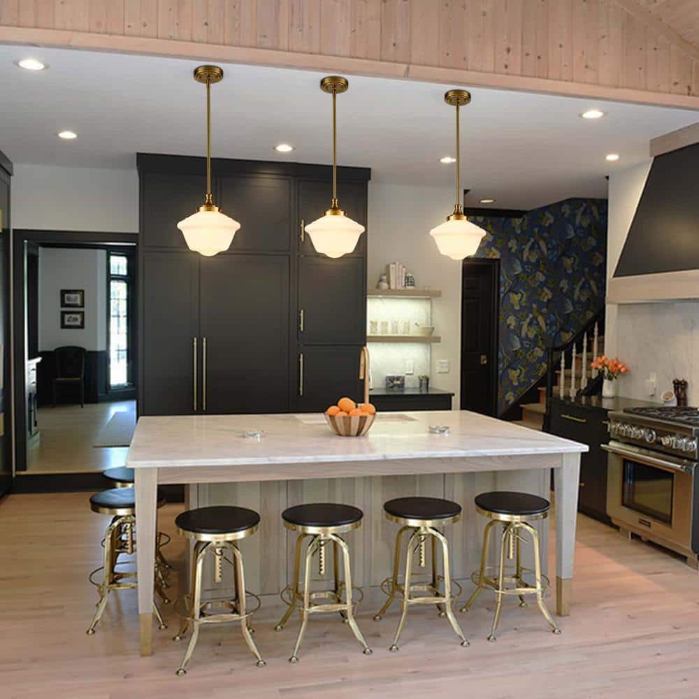 Gold Milk Glass Schoolhouse Pendant Light with Adjustable Rod