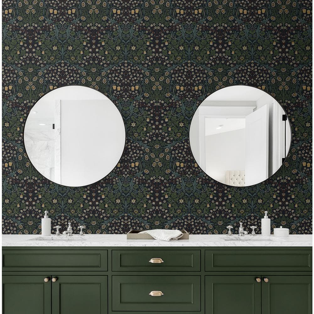 Midnight Blue & Evergreen Victorian Garden Floral Wallpaper
