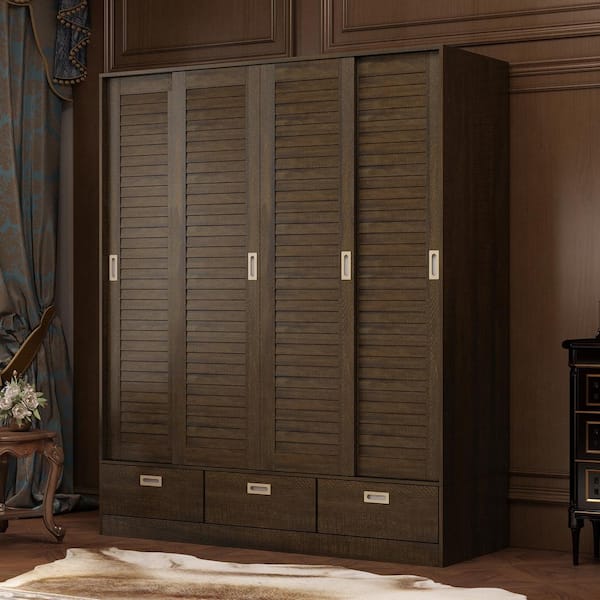 FUFU&GAGA Dark Brown Wood 59.1 in. W 4-Door Big Wardwore Armoires With 4 Sliding Doors, Hanging Rods, Drawers, Storage Shelves