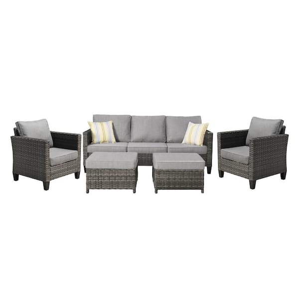 OVIOS Positano Gray 5-Piece Wicker Outdoor Patio Conversation Seating Set with Dark Gray Cushions