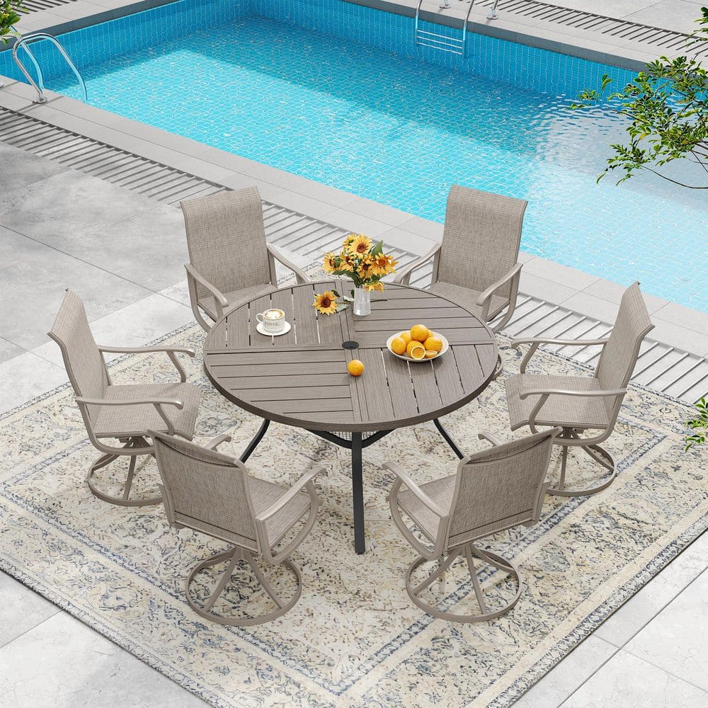 7-Piece Metal Outdoor Patio Dining Set with 47.2 Gray Wood-Like Round Table and 6 Sandshell Textilene Swivel Chairs price history on PriceWatchPro
