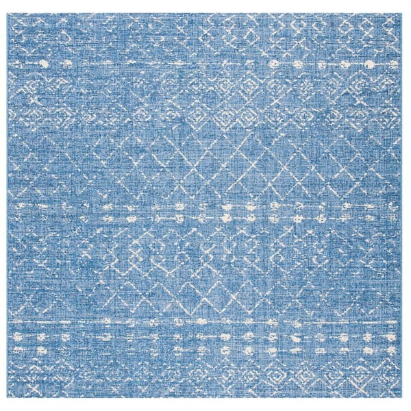 SAFAVIEH Courtyard Blue/Ivory 7 ft. x 7 ft. Bohemian Tribal Indoor/Outdoor Patio  Square Area Rug