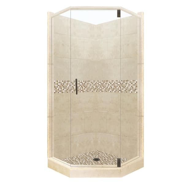 American Bath Factory Roma Grand Hinged 32 in. x 36 in. x 80 in. Left-Cut Neo-Angle Shower Kit in Brown Sugar and Old Bronze Hardware