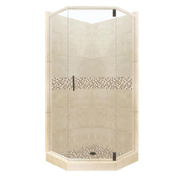 American Bath Factory Roma Grand Hinged 42 in. x 48 in. x 80 in. Right-Cut Neo-Angle Shower Kit in Brown Sugar and Old Bronze Hardware