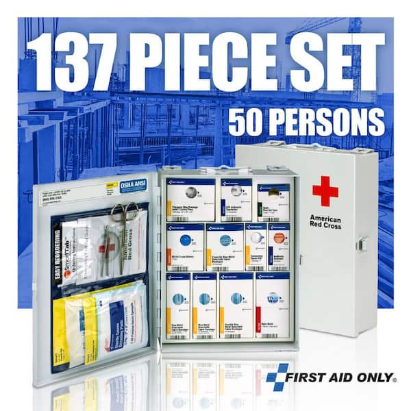 First Aid Only Medium Red Cross branded, Food Service, Metal Cabinet  without Medications, OSHA 50-Person, First Aid Kit (137-Piece) 1350-RC-0103  - The Home Depot