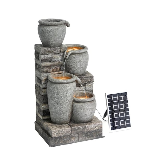 31.1 in. Solar-Powered Polyresin Cascade Water Fountain with LED lights