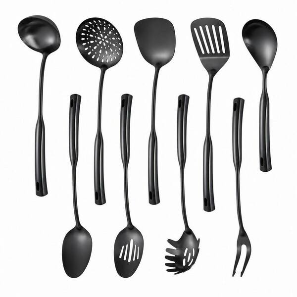 9-Piece Black Stainless Steel Kitchen Utensils Set with Cooking and Serving Tools, Dishwasher-Safe