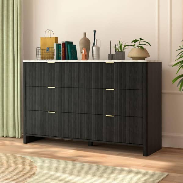 VEIKOUS Black 6-Drawer 50.6 in. W Dresser Chest of Drawers with Faux Marble Countertop (32.5 in. H x 15.6 in. L)