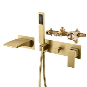 Waterfall Single-Handle Wall Mounted Roman Tub Faucet with Hand Shower in Brushed Gold