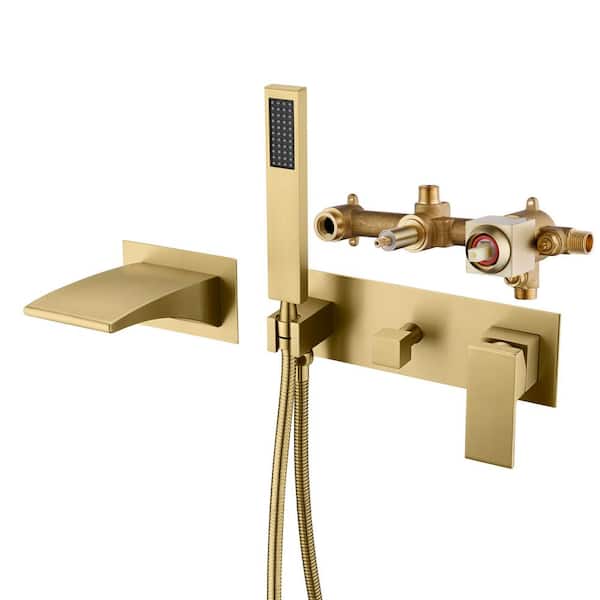 SUMERAIN Waterfall Single-Handle Wall Mounted Roman Tub Faucet with Hand Shower in Brushed Gold