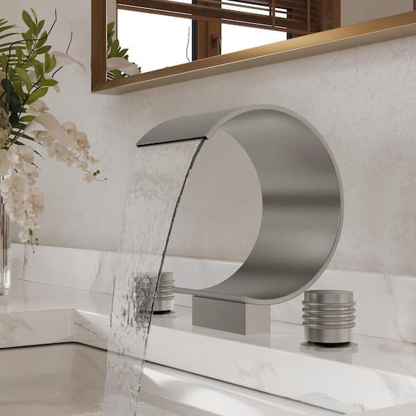 Waterfall 8 in. High Widespread 2-Handle Bathroom Basin Sink Faucet 1.2 GPM in Brushed Nickel with Drain Included