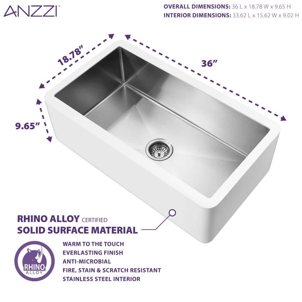 Apollo 36'' White Stone Farmhouse Kitchen Sink with Stainless Steel Interior