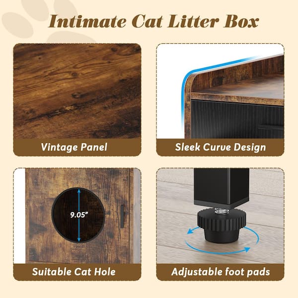 BYBLIGHT Kellum Rustic Brown Litter Box Enclosure, Industrial Cat Cabinet with Shelves and Doors, Wood Pet Crate Hidden Washroom