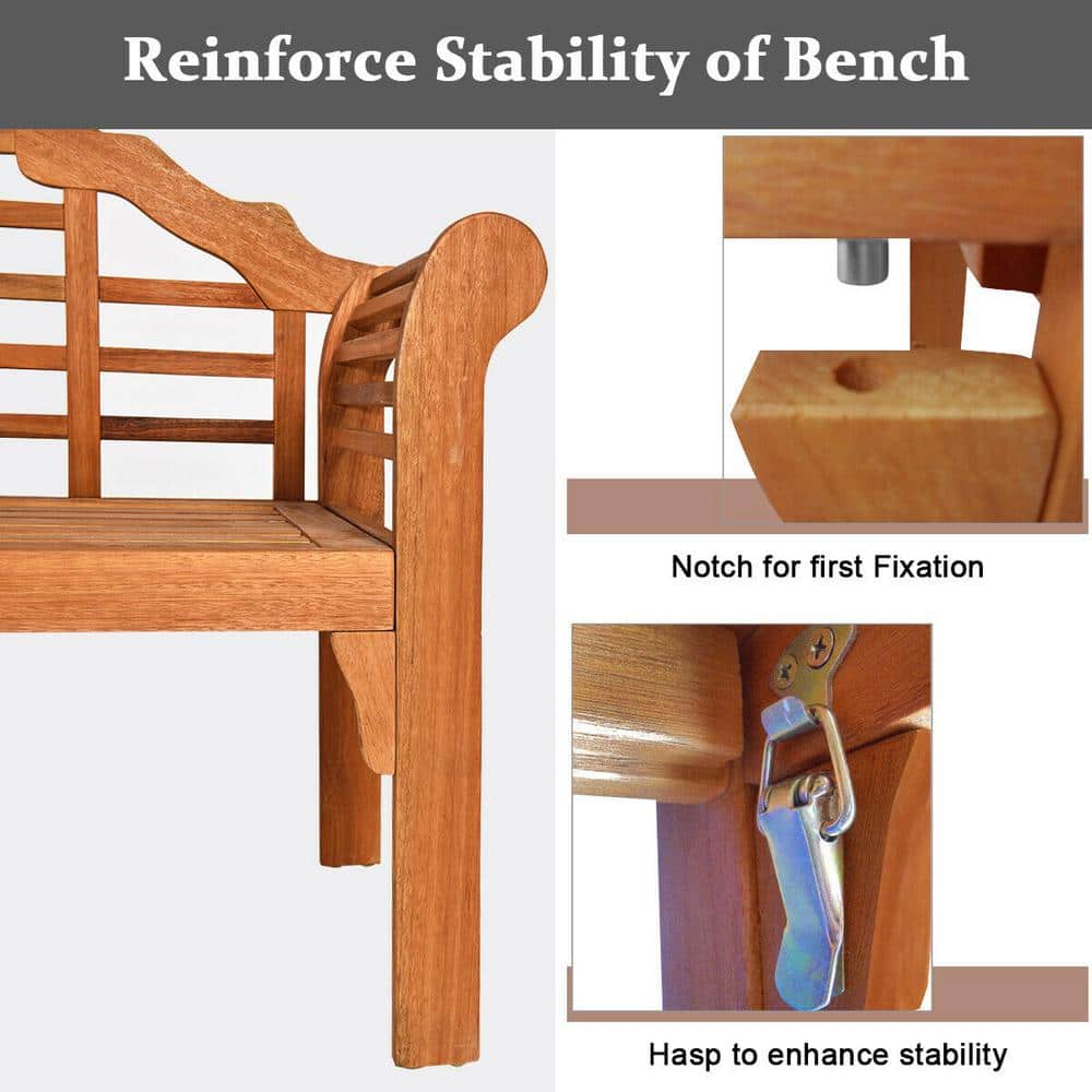 49" Eucalyptus Wood Outdoor Folding Bench with Backrest and Armrest