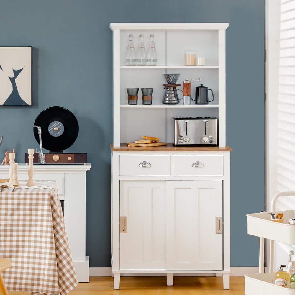 67 in. H White Kitchen Pantry Dining Hutch Storage Cabinet with Buffet Cupb