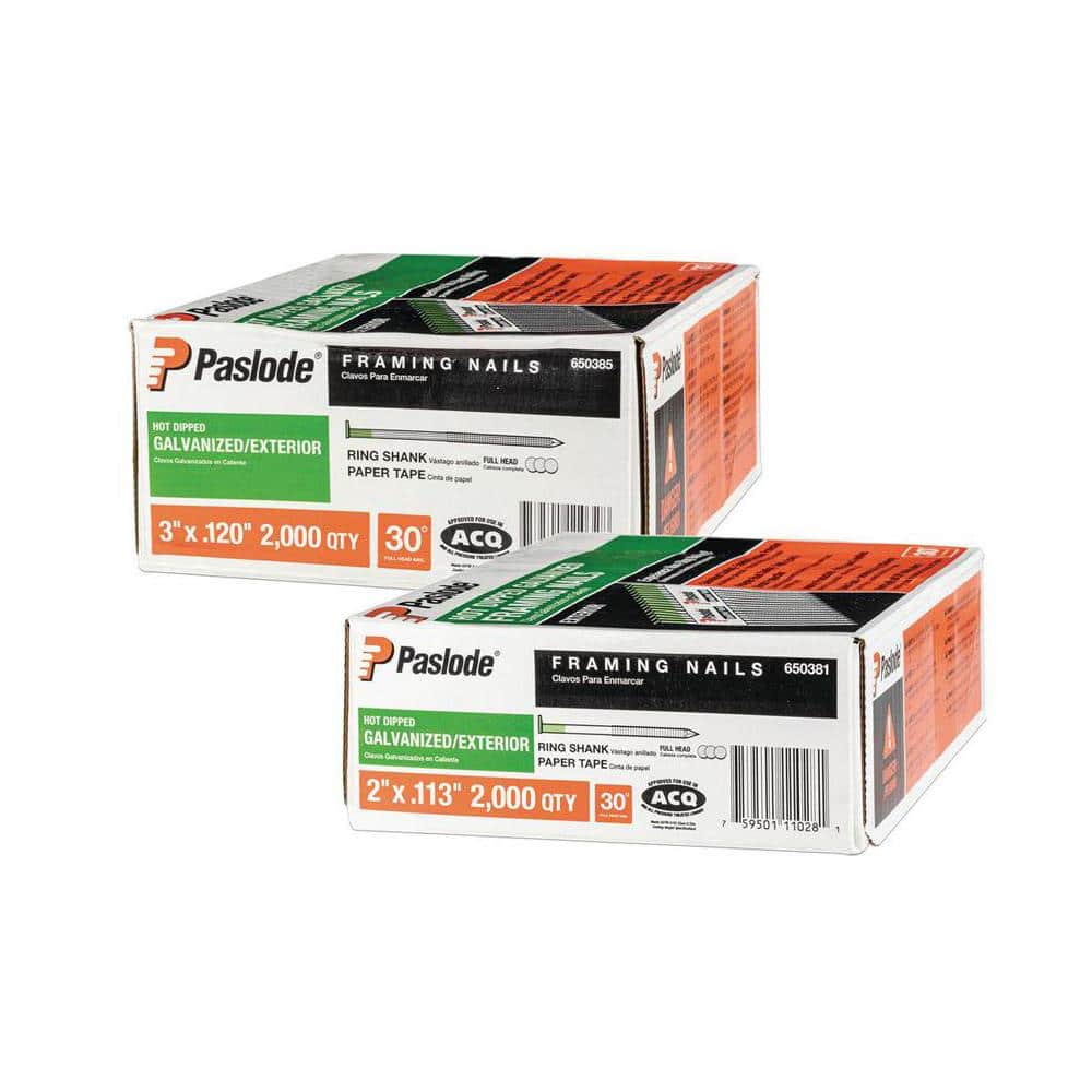 3 in. x 0.120-Ga and 2 in. x 0.113-Ga 30-Degree Galvanized Ring Shank Paper Tape Framing Nails (2000 per Box) (2-Pack) price history on PriceWatchPro