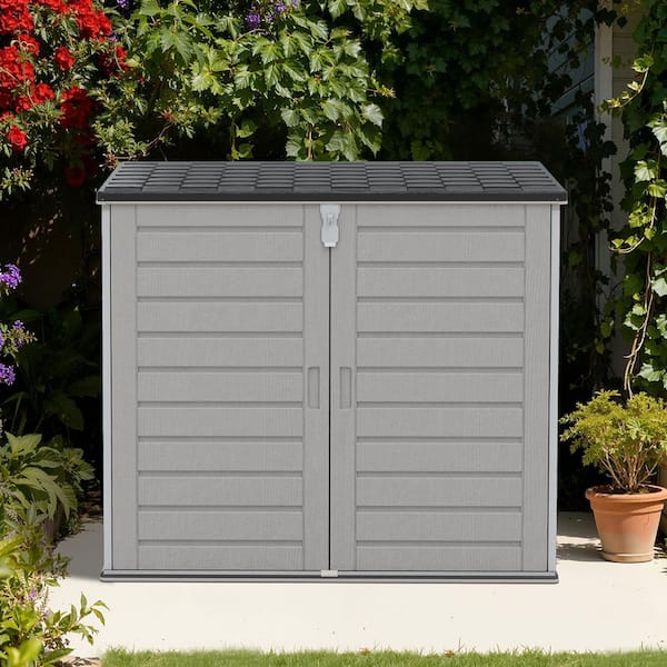 4.6 ft. x 2.7 ft. x 4.1 ft. 304 Gal. Gray Resin Deck Box, Horizontal Outdoor Storage Box Shed with Rods and Double Doors