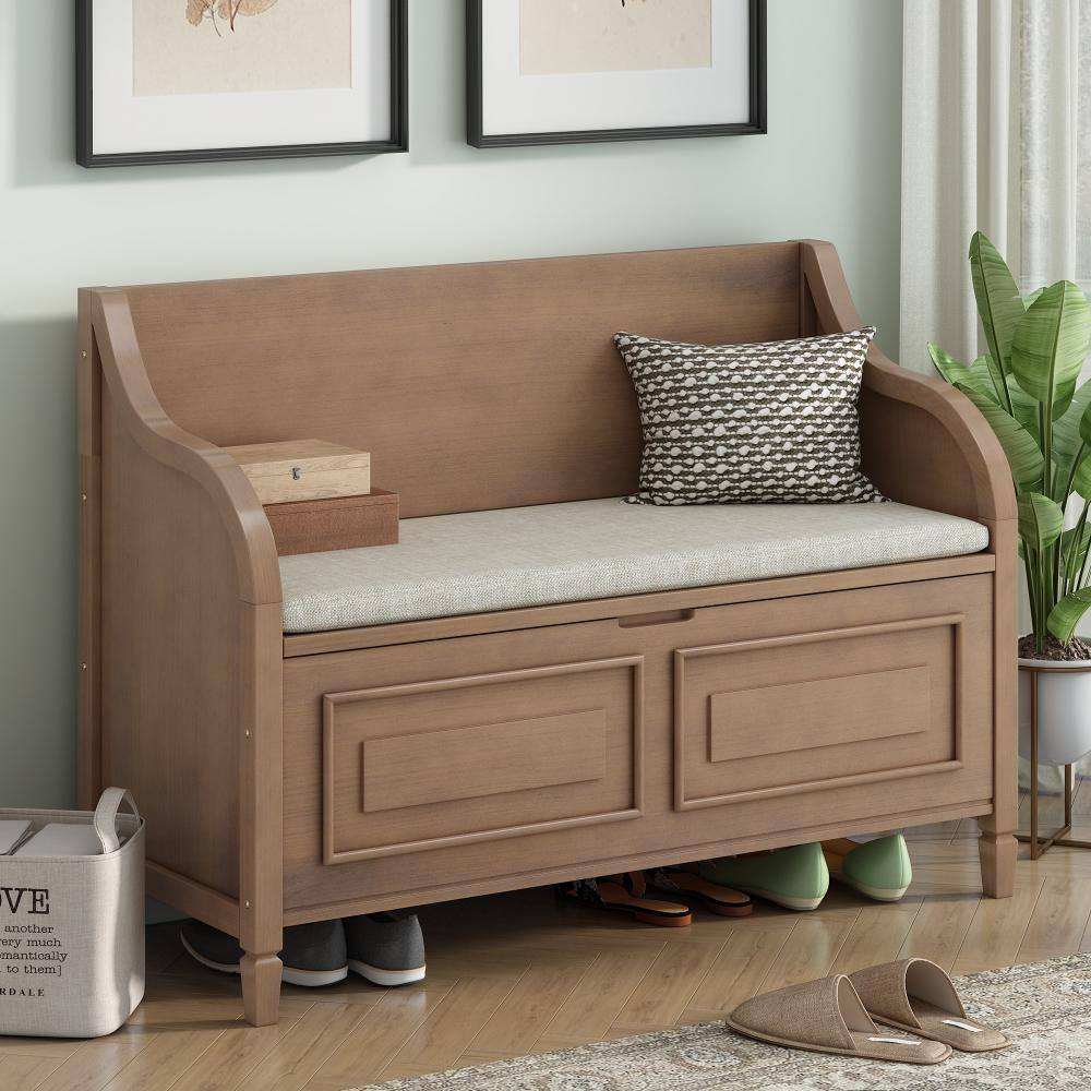 29.5 in. H x 41.9 in. W Brown Wood Shoe Storage Bench with Cushion