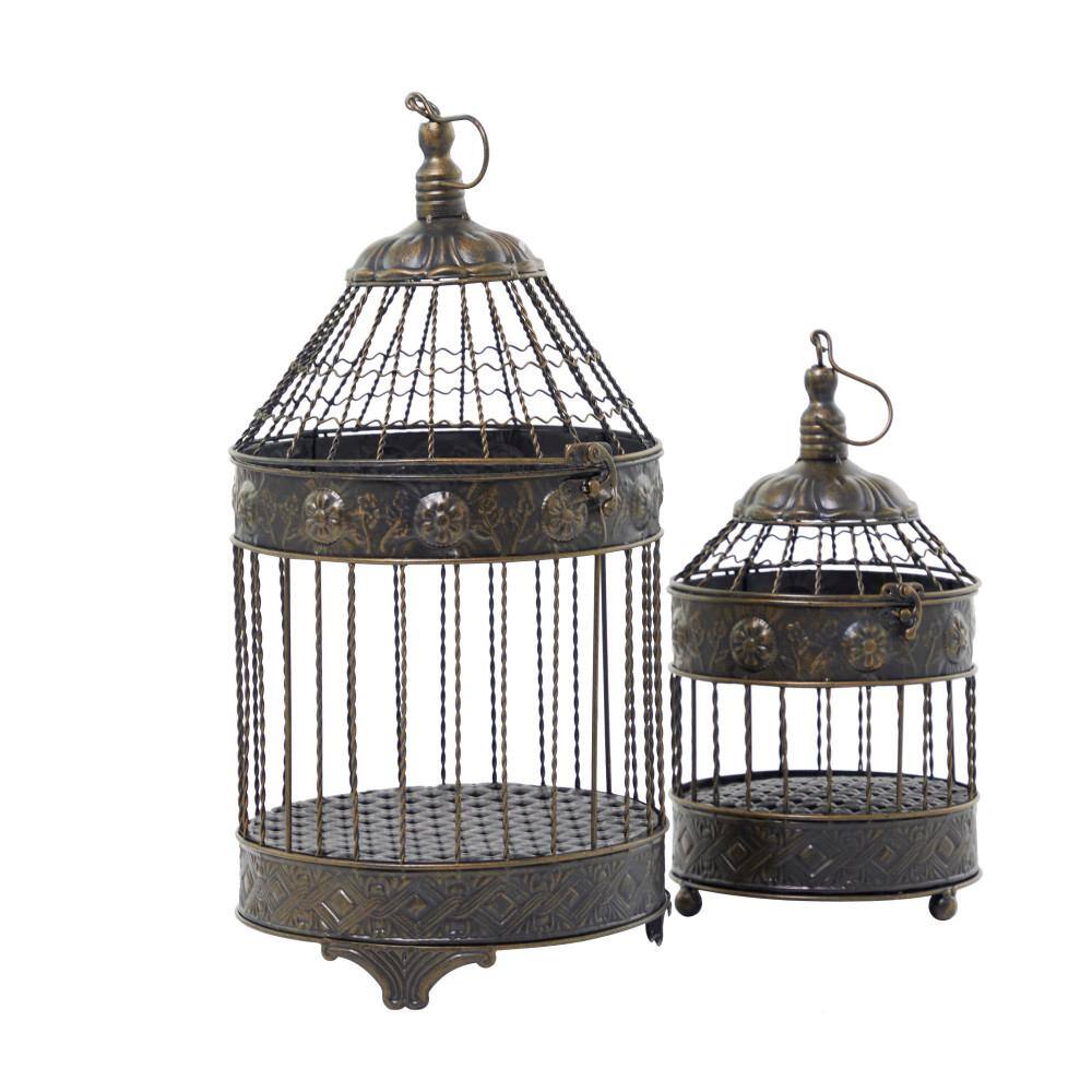 Bronze Antique Carved Metal Birdcage Set, 2 Pieces