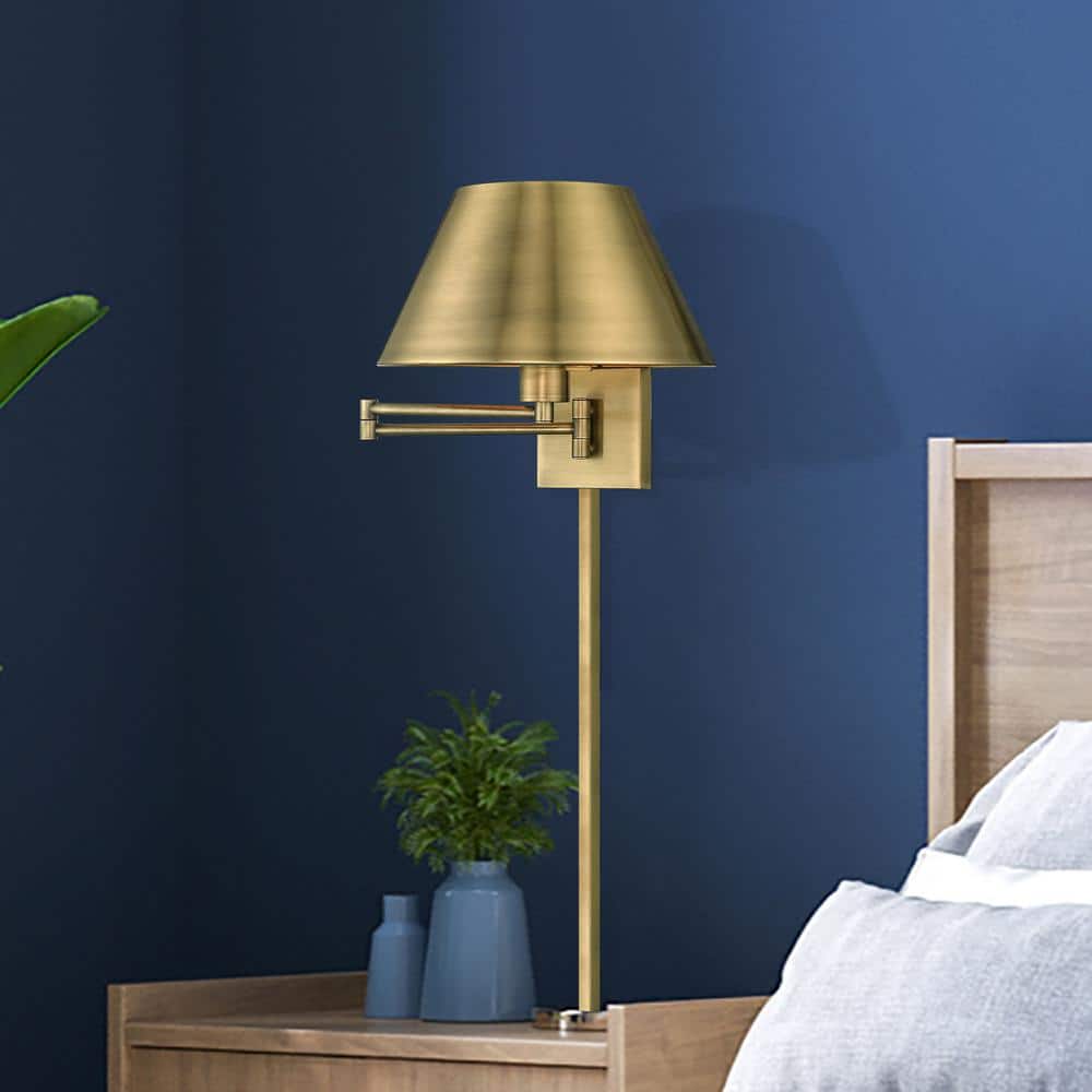 Antique Brass Swing Arm Wall Lamp with Satin Shade