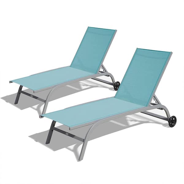 Cesicia Turquoise Blue Outdoor Chaise Lounge Chairs for Outside with Wheels and 5 Adjustable Position (Set of 3)