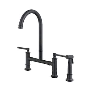 SUS 304 stainless steel Double Handle Bridge Kitchen Faucet with Side Spray in Matte Black